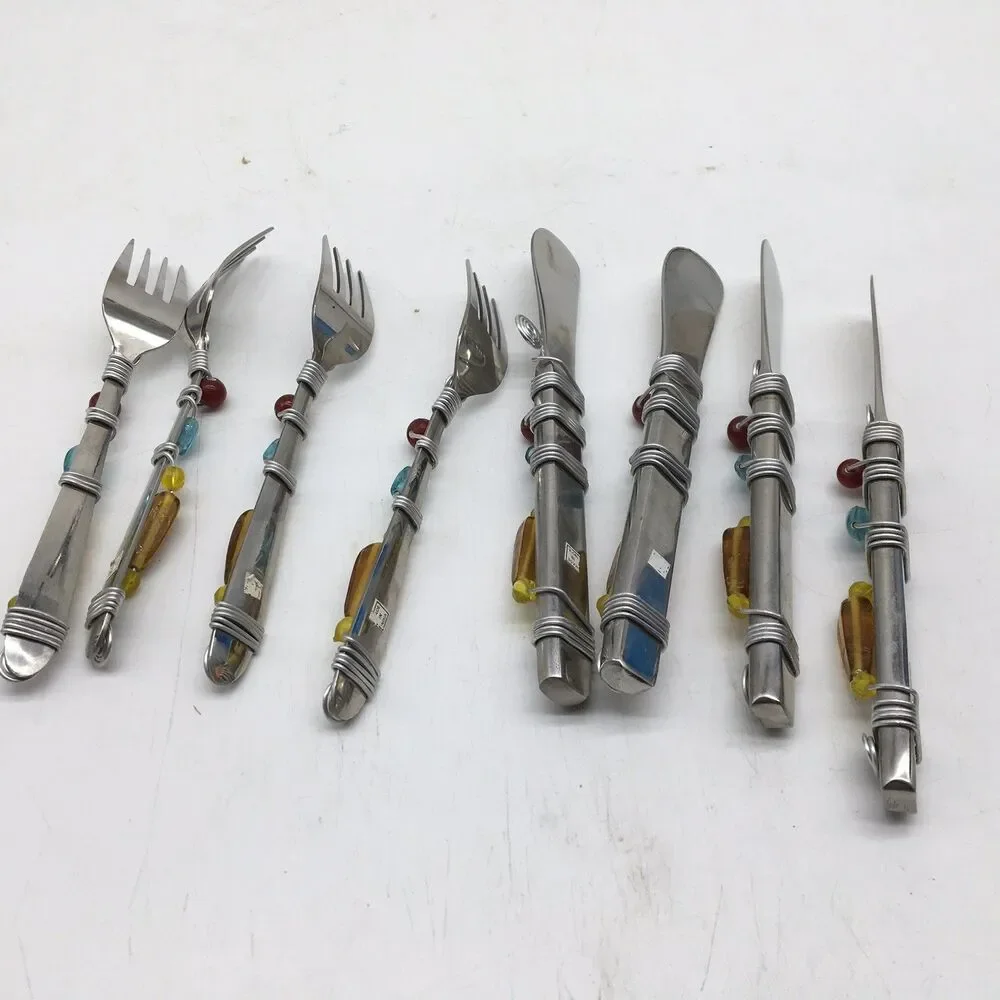 Vtg Beaded Wire Wrapped  Appetizer Cheese Fork Knife Spreaders Set Of 8 India